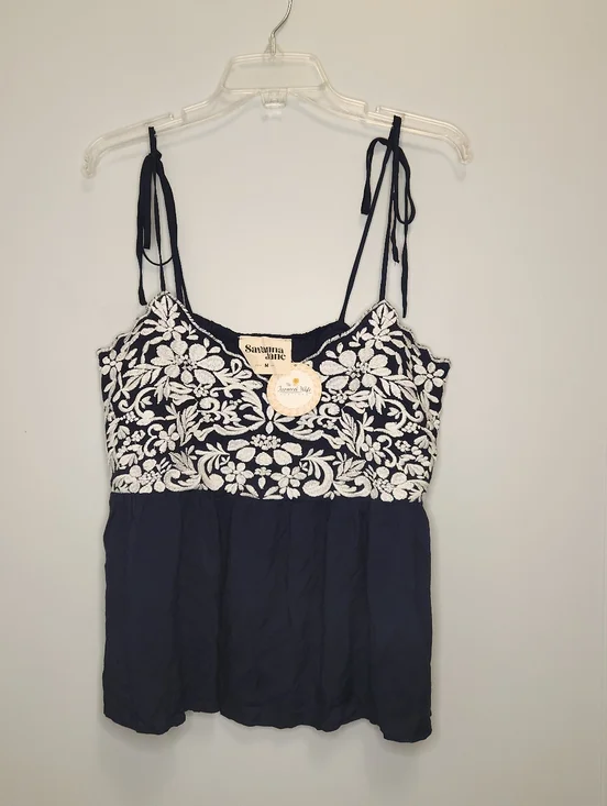 Savanna Jane Navy Floral Embroidered Tie-Strap Tank Top Size Medium NWT - Picture 1 of 11